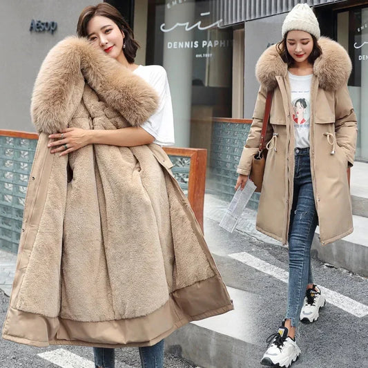 Manteau mi-long, fourrure intérieur et contour de capuche